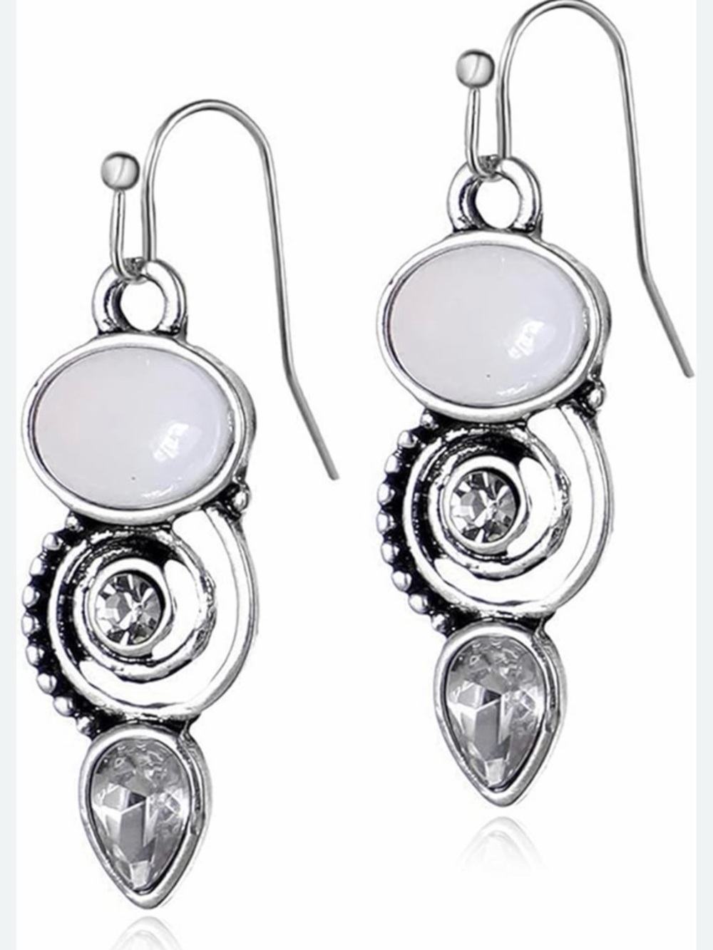 Faux Opal & Silver Vintage Style Dangle Drop Earrings - Boho Bohemian Chic